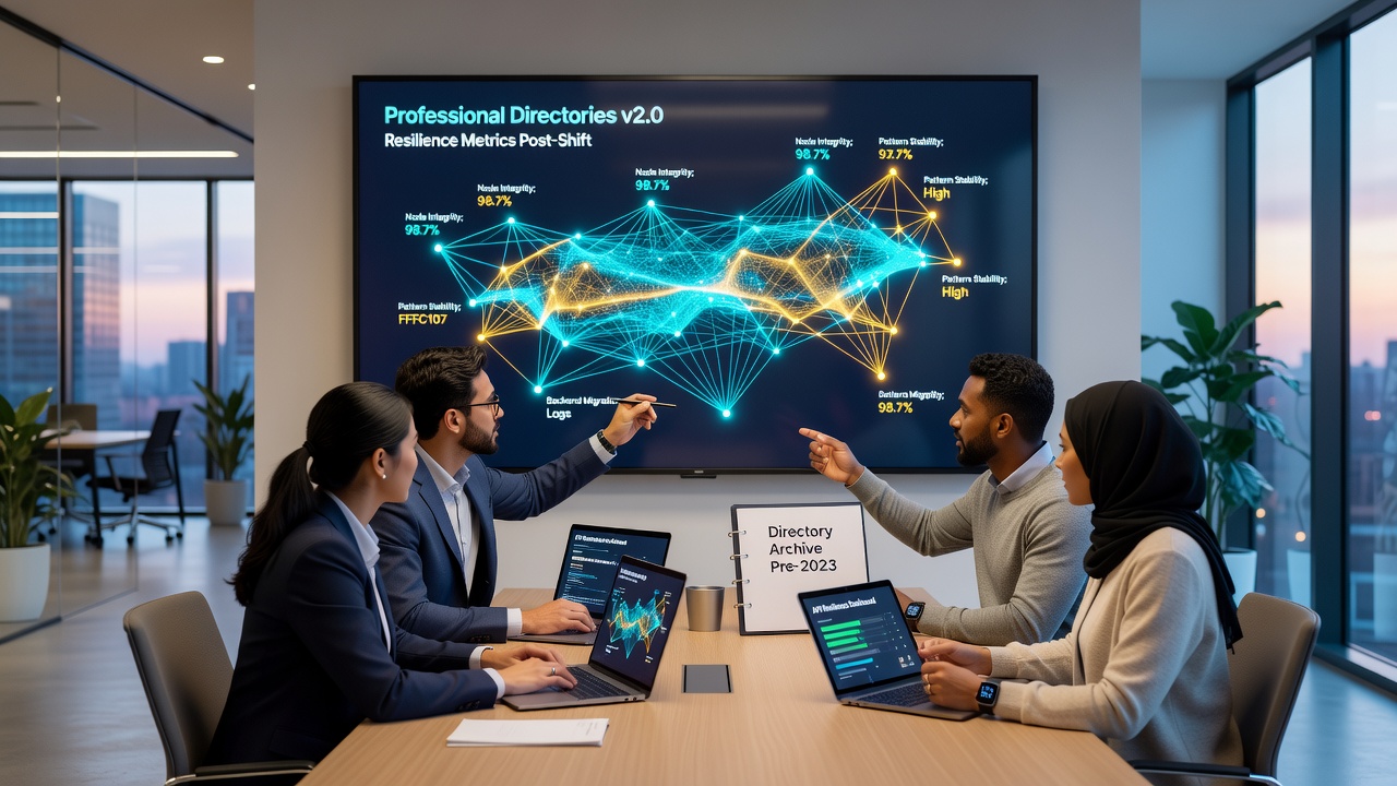 Data visualization charts showing recovery timelines and resilience scores across multiple professional directories post-backend migration